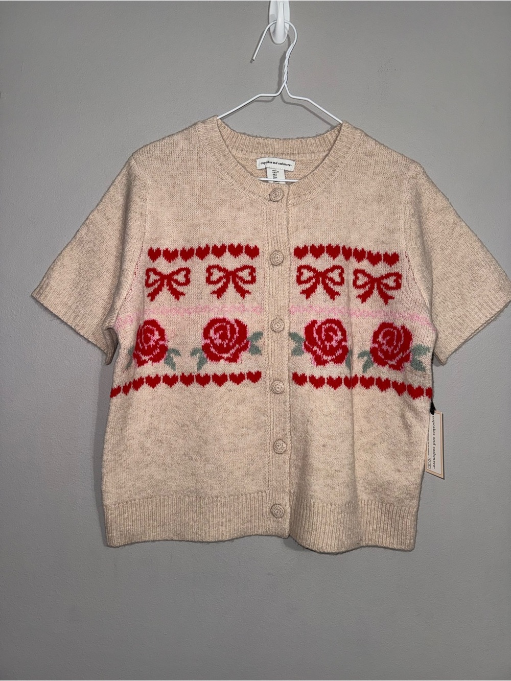 Cupcakes & Cashmere Cream Knit Cardigan with Covered Buttons Large